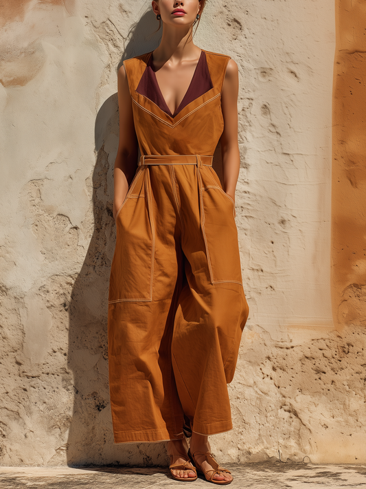 Rust Orange Washed Cotton Sleeveless Belted Wide-Leg Jumpsuit