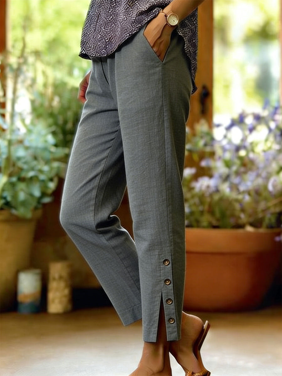 Cotton-Linen Button Slit Solid-Color Loose-Fit Casual Trousers