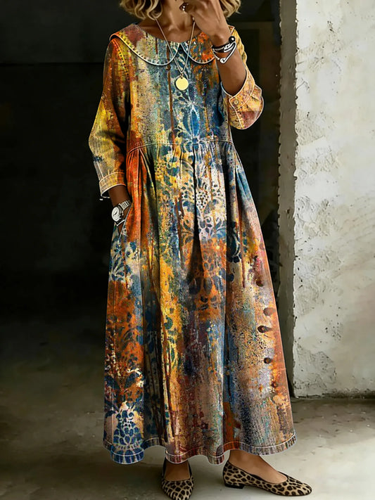 Retro Multicolor Ethnic Art Splicing Long-Sleeved Loose-Fitting Casual Denim Dress