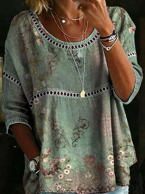 Vintage Flower Casual Loose Denim Blouse Shirt