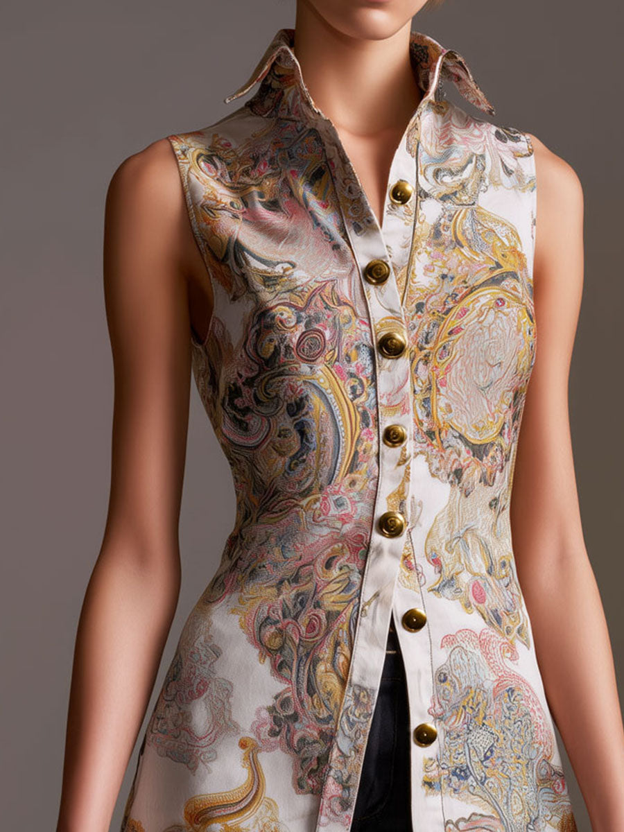 Retro Sleeveless Baroque Print Satin Longline Blouse with Button-Front