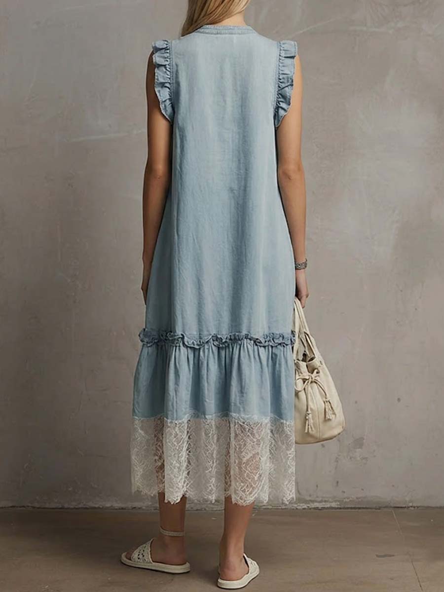 V-Neck Sleeveless Casual Loose Denim Patchwork Dress