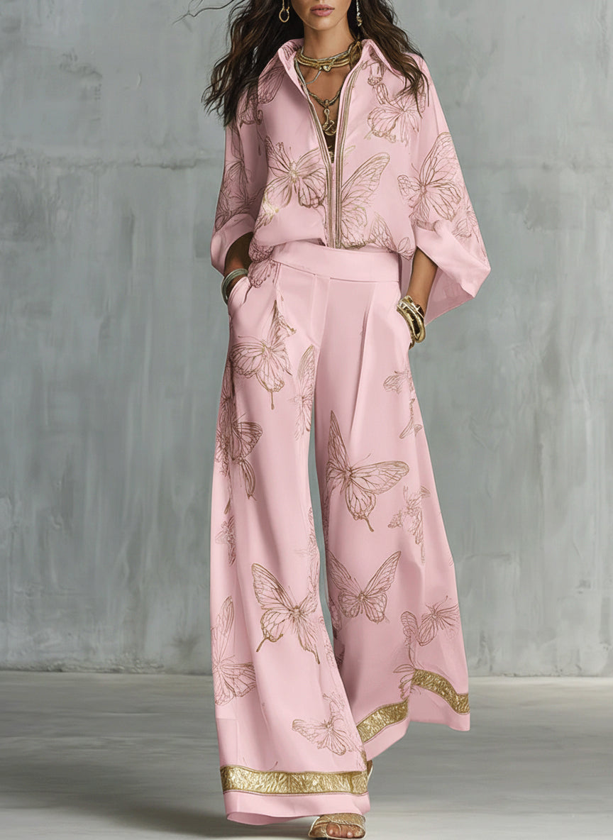 Casual Elegant Gold Butterfly Print Loose Two-Piece Set