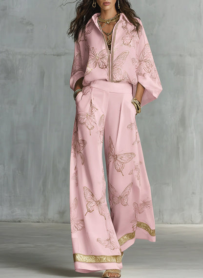 Casual Elegant Gold Butterfly Print Loose Two-Piece Set