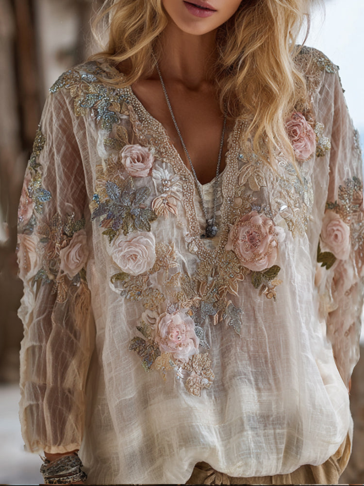 Bohemian Three-Dimensional Pink Floral Sequin Fairy White Thin Long-Sleeved V-Neck Top
