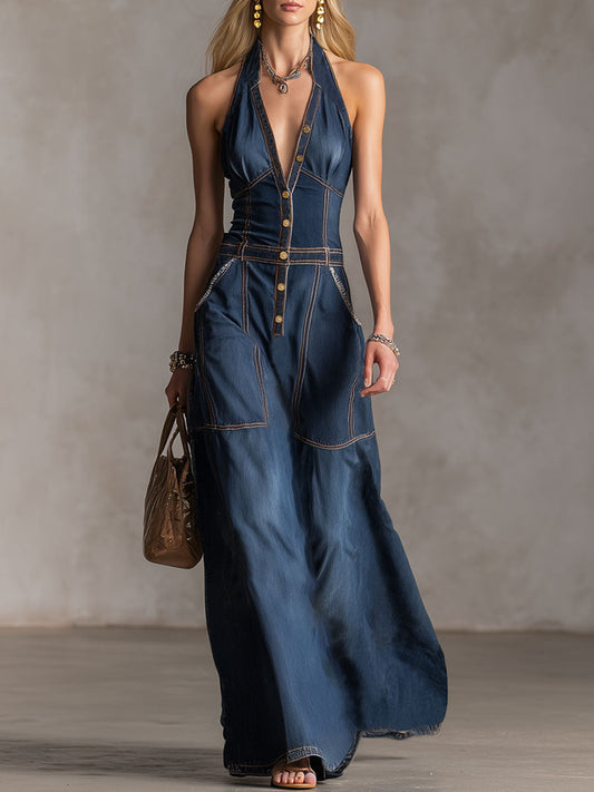 Halter Neck V-Neck Button-Down Double Pocket Sleeveless Denim Maxi Dress
