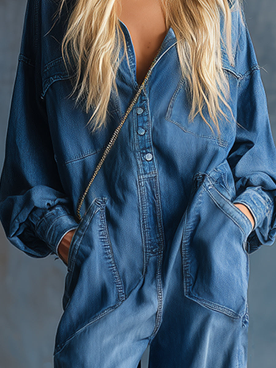 Casual Loose-Fit Hooded Blue Denim Button-Front Long-Sleeved Jumpsuit