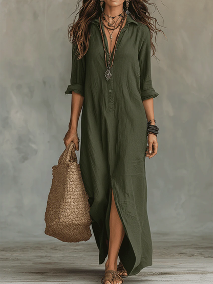 Casual Solid-Color Linen-Cotton Dress
