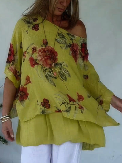 Loose and Cozy Floral Print Linen and Cotton Top