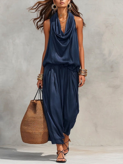 Cozy Elegant Draped Sleeveless Top and Pants Two-Piece Set