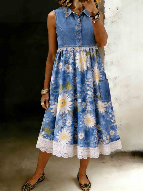 Denim Sleeveless Midi Floral White Lace Trim Dress