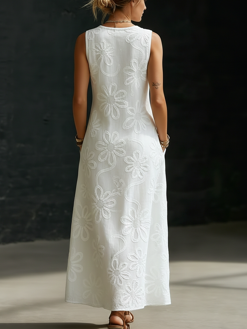 Elegant Floral Embroidery V-Neck Dress