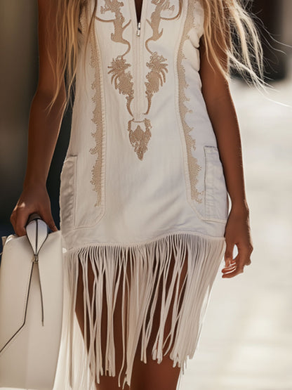 [24-Hour Shipping Out]casual Retro Bohemian Embroidered Sleeveless White Denim Tassel Mini Dress