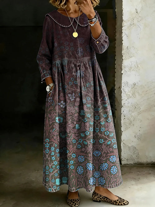 Retro Multicolor Gradient Ethnic Floral Splicing Long-Sleeved Loose-Fitting Casual Denim Dress