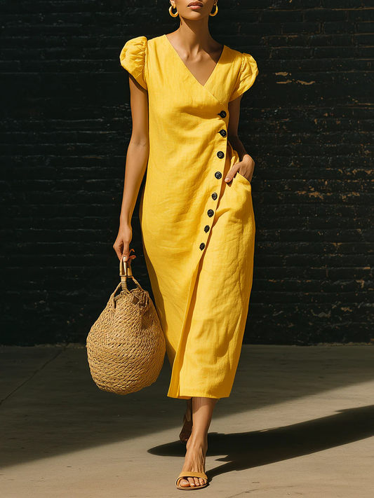Elegant V-Neck Button-Up Linen Midi Dress