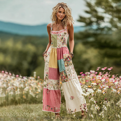 Vintage Floral Art Patch Comfy Jumpsuit