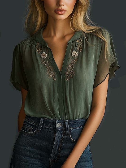 Vintage Embroidered Chiffon Short-Sleeve Shirt