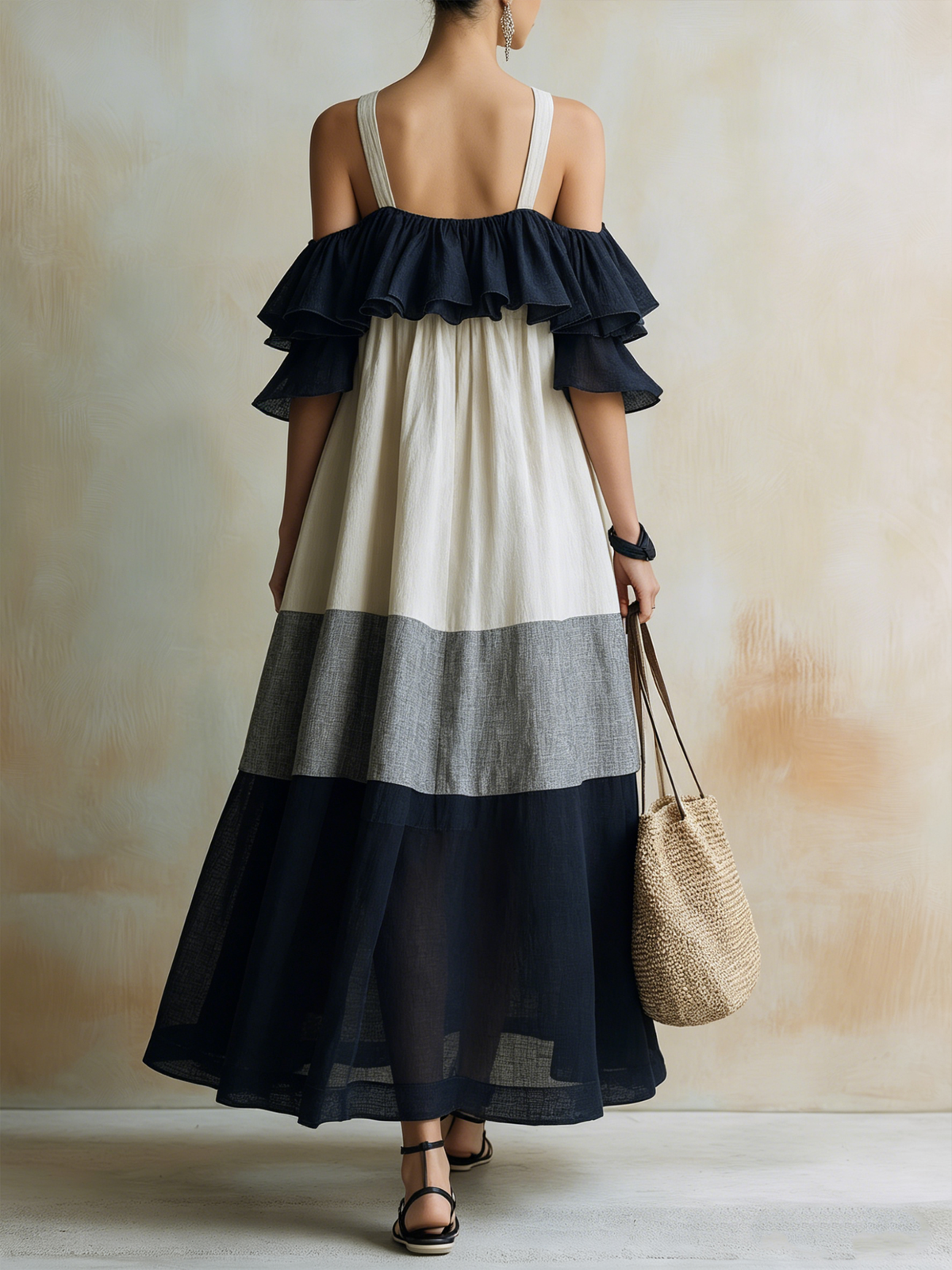 Cold Shoulder Ruffle Tiered Linen Maxi Dress | Colorblock Boho Summer Gown