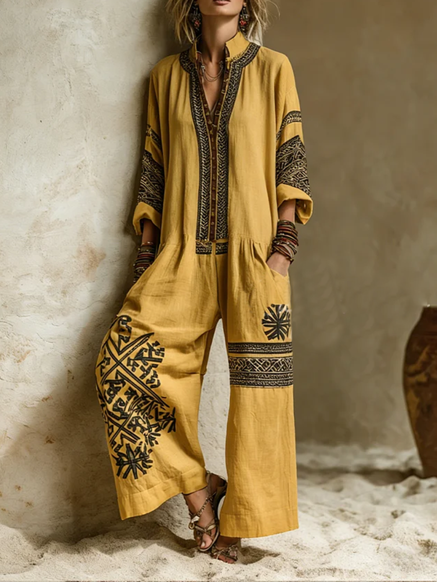 Bohemian Print Jumpsuit and Cardigan Two-Piece Set