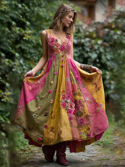 Bohemian Style Embroidered Flower Patchwork Fabric Piece Antique Sunset Color Sleeveless V-Neck Long Dress