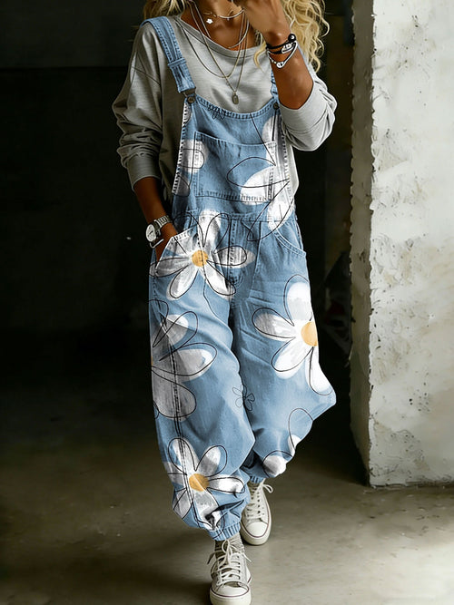 Flower Print Casual One Piece Denim Jumpsuit