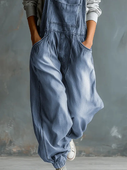Solid Color Art Casual Denim Jumpsuit