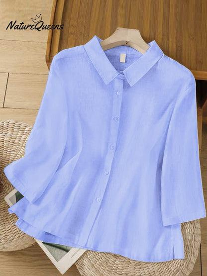 Solid Color Lapel 3/4 Sleeves Casual Linen Shirt