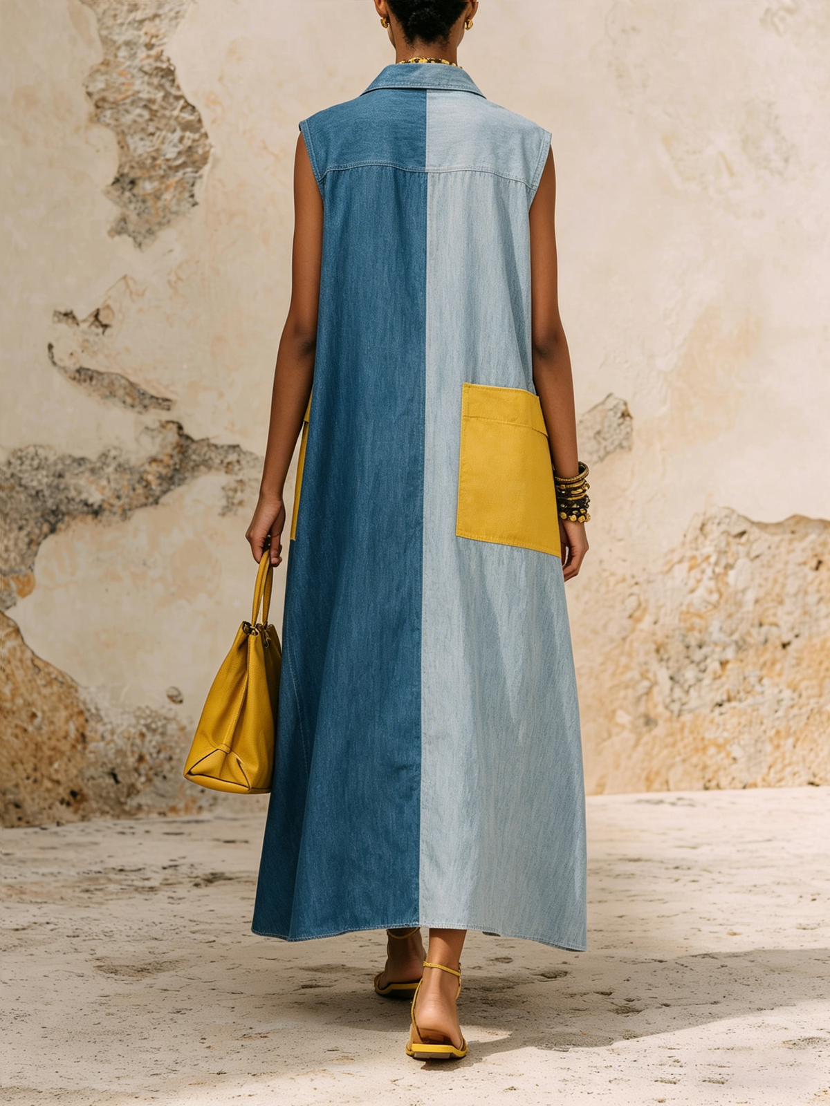 Oversized Colorblock Denim Sleeveless Maxi Shirt Dress with Statement Pockets