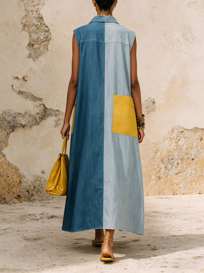 Oversized Colorblock Denim Sleeveless Maxi Shirt Dress with Statement Pockets