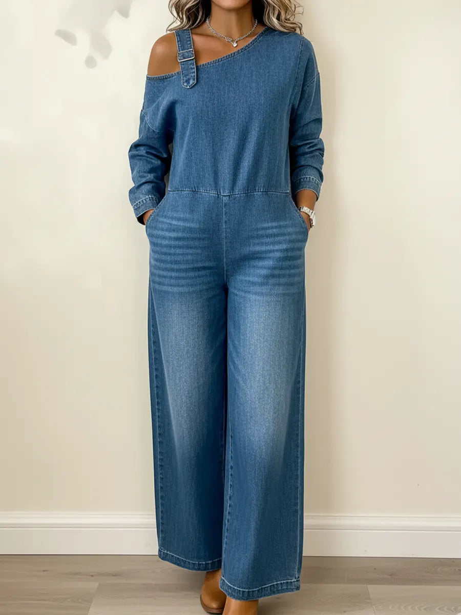 Fashionable Off-the-Shoulder Denim Jumpsuit