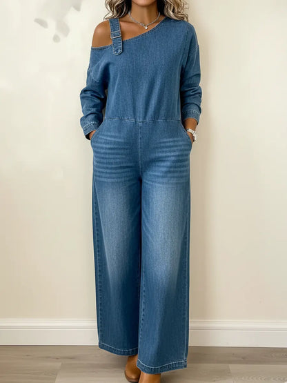 Fashionable Off-the-Shoulder Denim Jumpsuit