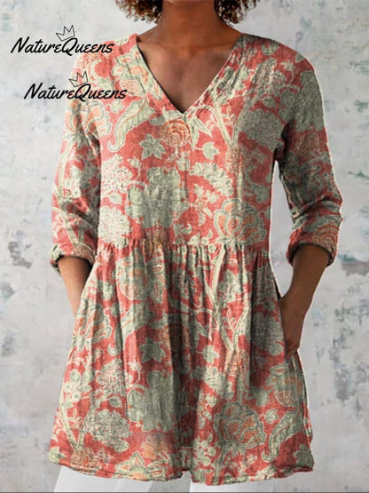 Vintage Lovely Floral Art Printed Cotton and Linen Casual Pants