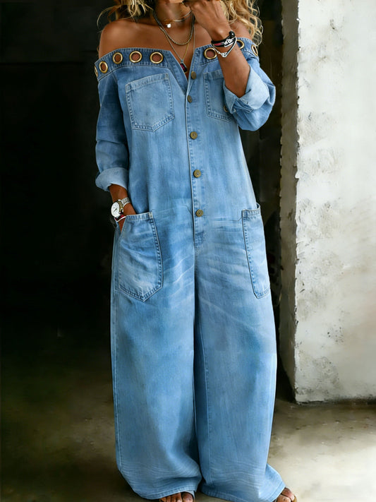 Stylish Off-Shoulder Cotton One Piece Shirt Denim Jumpsuit