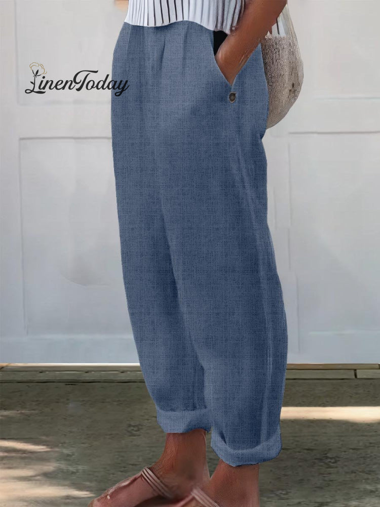 Printed Cotton and Linen Casual Pants