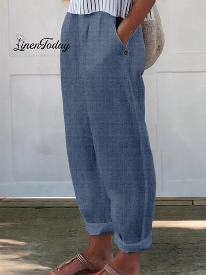 Printed Cotton and Linen Casual Pants