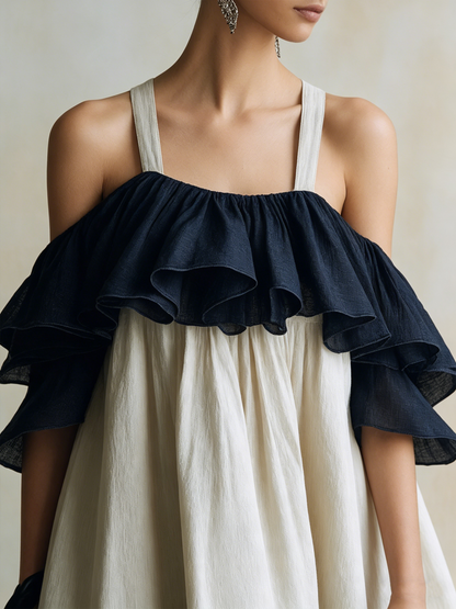 Cold Shoulder Ruffle Tiered Linen Maxi Dress | Colorblock Boho Summer Gown