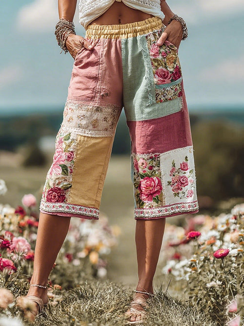 Patchwork Rose Floral Contrast Waist Elastic Pocket Shorts