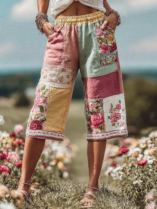 Patchwork Rose Floral Contrast Waist Elastic Pocket Shorts