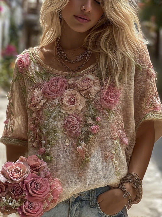 Bohemian Floral Embroidery Art Linen Blend Middle Sleeve T-Shirt