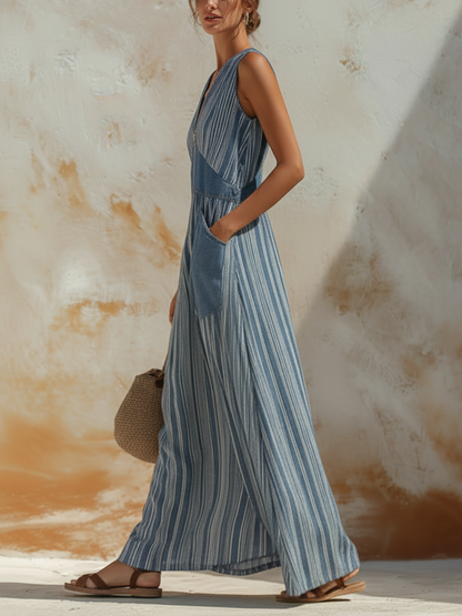 Blue and White Striped Denim Sleeveless Maxi Dress with Front Zipper