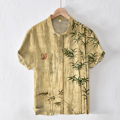 Bamboo Japanese Art Linen Blend Lapel Cozy Shirt