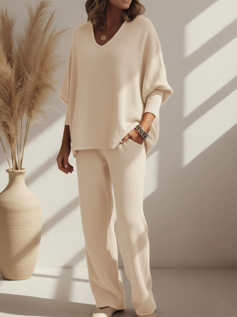 Cozy Solid Color V-Neck Knit Top and Pants Two-Piece Set