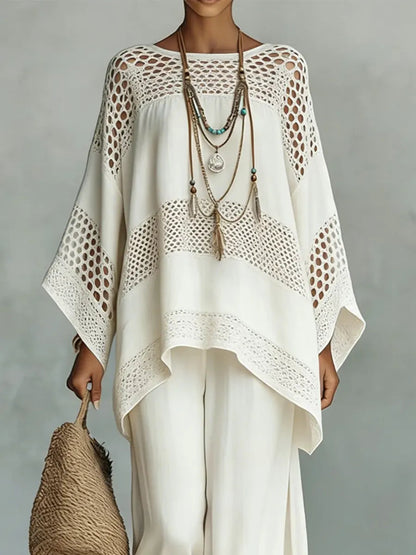 Vintage Ethnic Art Comfortable Loose Cotton Linen Wide-Leg Pants Two-Piece Set