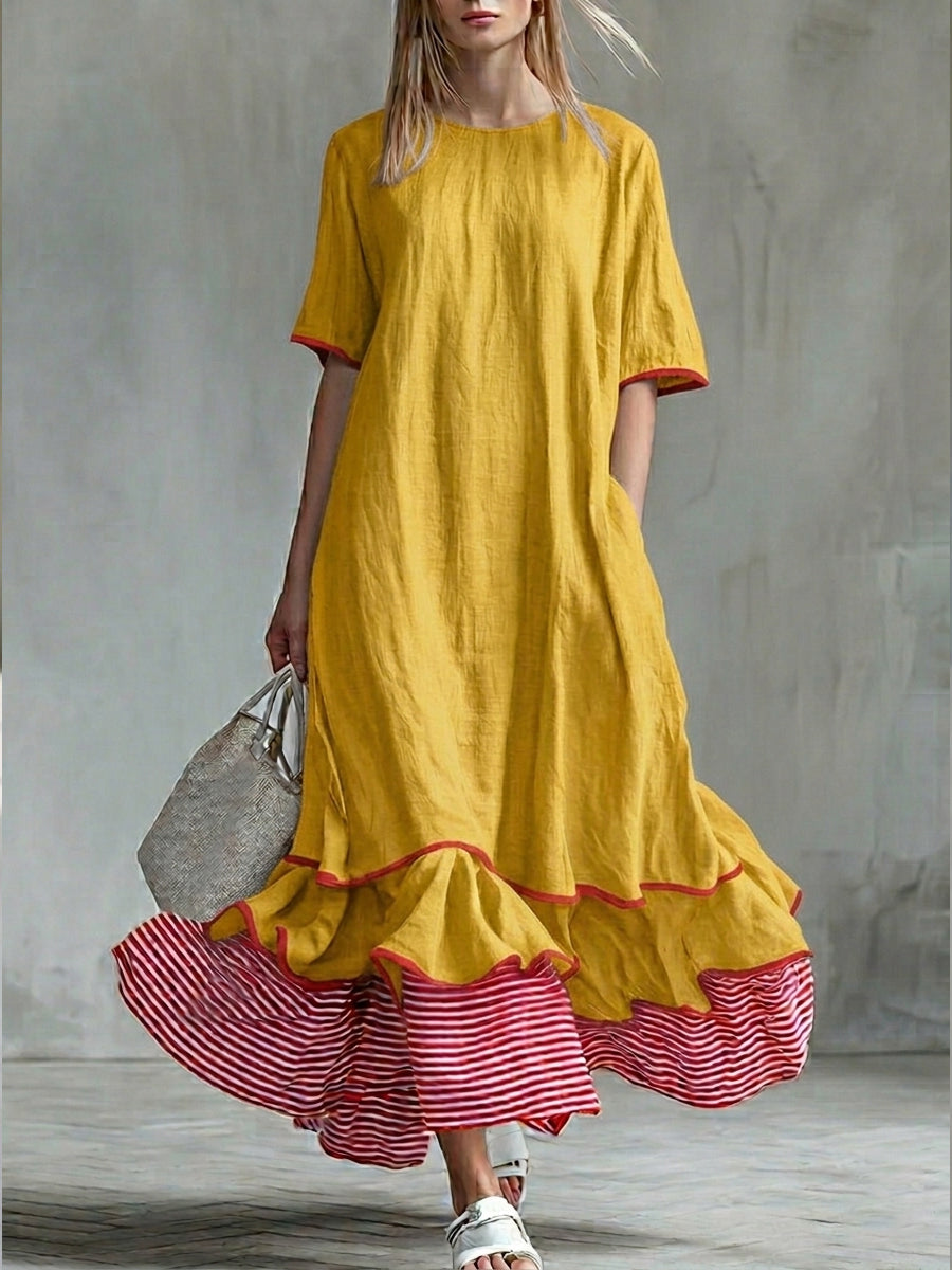 Patchwork Striped Midi Dress with Casual Red Summer Dress