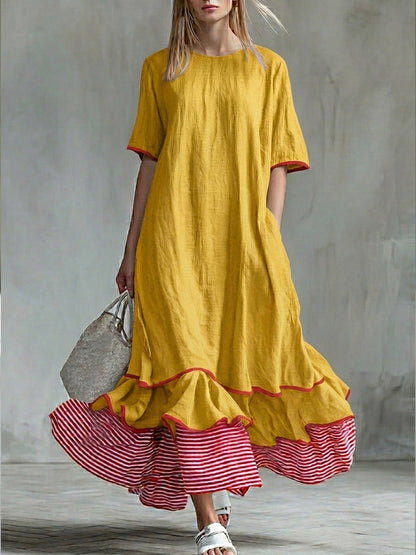 Patchwork Striped Midi Dress with Casual Red Summer Dress
