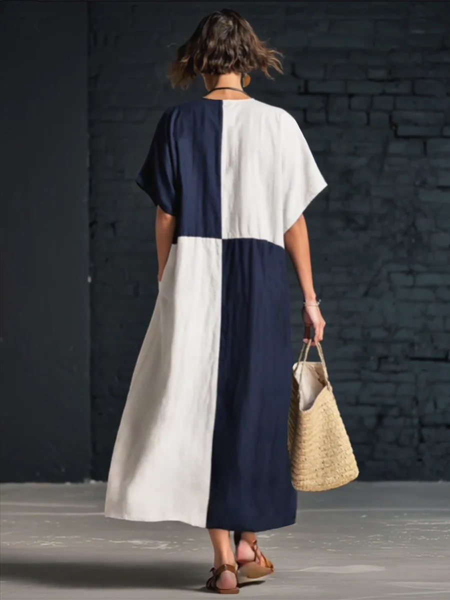 Stylish Color-Blocked Loose-Fitting Linen-Cotton Midi Dress