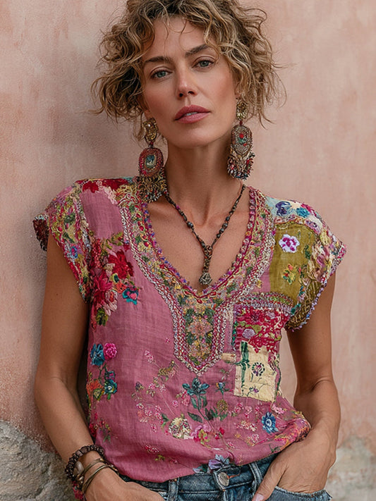 Bohemian Floral Embroidery Art V-Neck Short-Sleeve T-Shirt