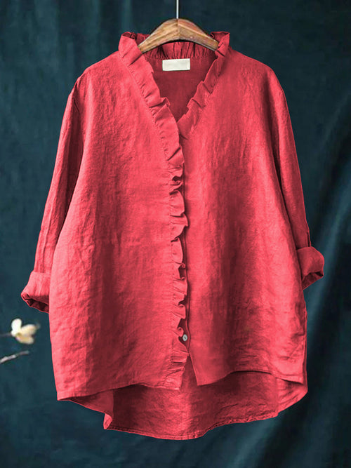 Casual Cotton and Linen Ruffle Shirt
