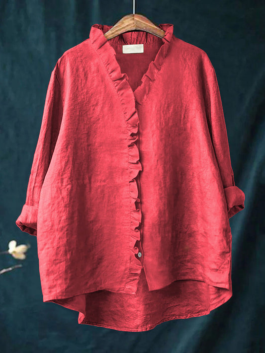 Casual Cotton and Linen Ruffle Shirt