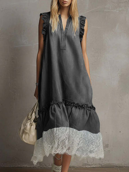 V-Neck Sleeveless Casual Loose Denim Patchwork Dress